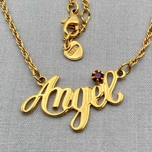 Vintage AVON “Angel” Gold Script Necklace with Red Rhinestone